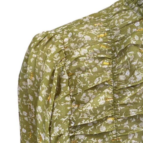 Maison d’ Amélie Boho Floral Green Shirred Ruffle Sheer Cottagecore Blouse-S - Picture 4 of 15